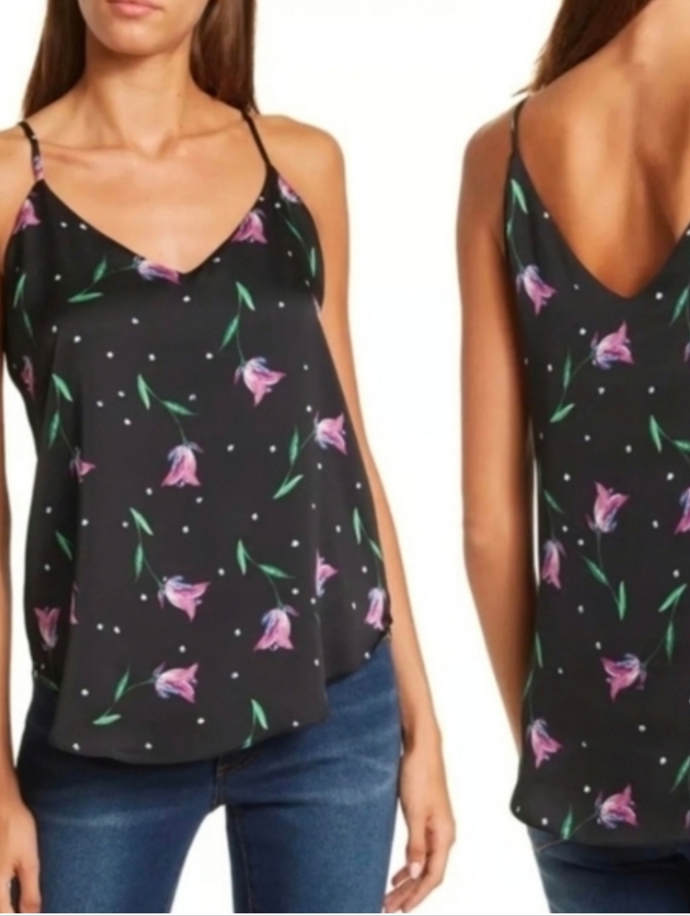 Tahari Black Floral Tulips Camisole Blouse Tank Top Black Pink Green size Large